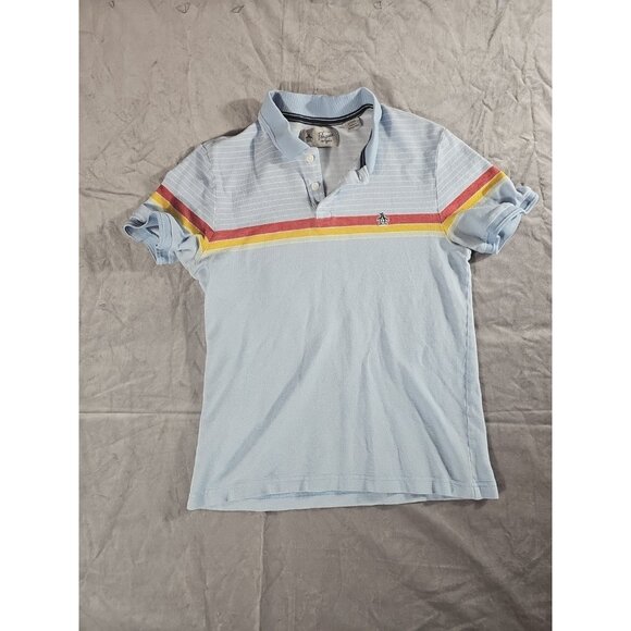 Original Penguin Mens Polo Shirt Size S Chest Stripe Light Blue Logo Cotton(HL81 - Picture 1 of 3